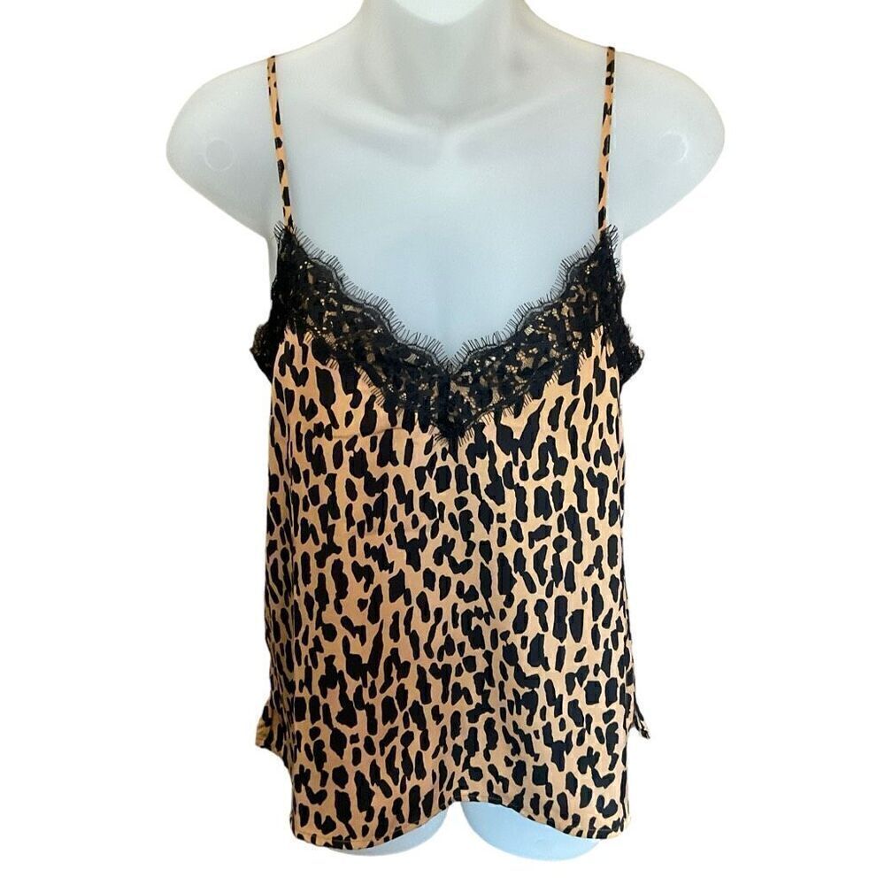 bp Camisole Top Leopard Print Brown Black Lace Fringe Spaghetti Straps XXS
